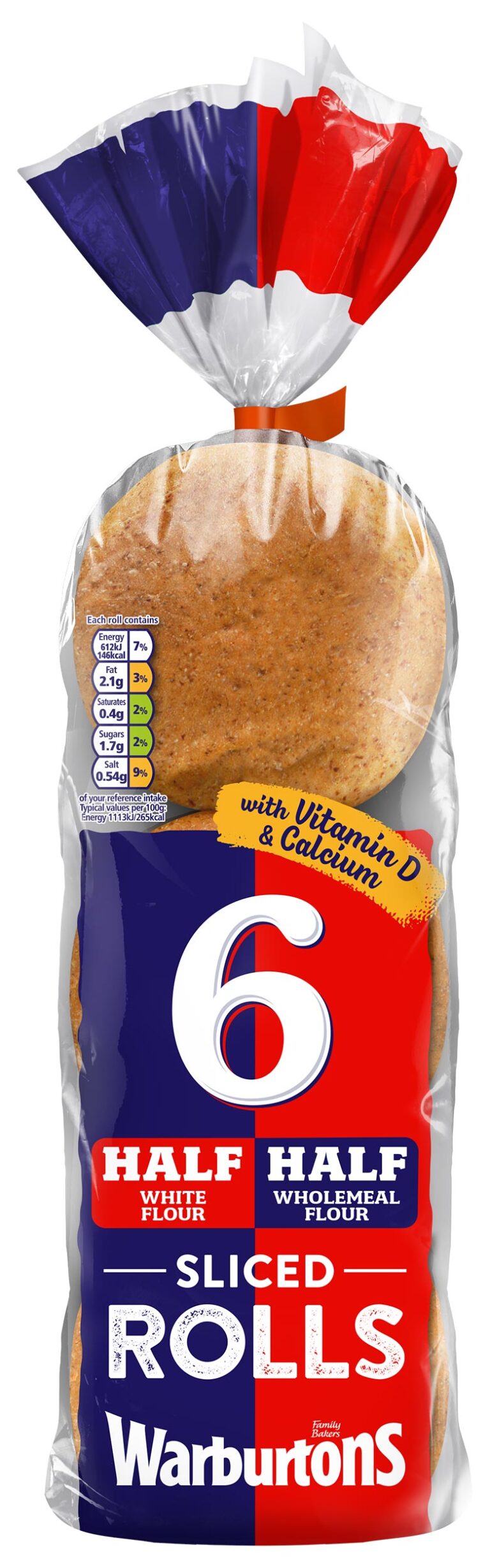 Warburtons 6 Half White Half Wholemeal Rolls