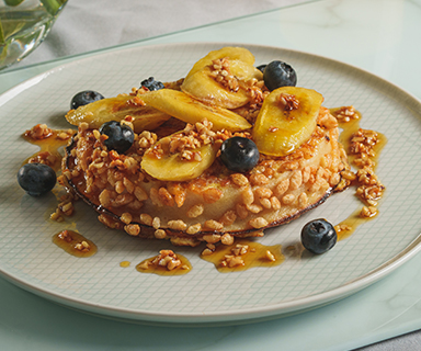 Crispy Giant French Toast Warburtons Crumpets with Bananas, Blueberries and Nutty Maple Syrup